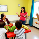 **

A brightly lit, welcoming Brazilian *Unidade Básica de Saúde* (UBS) waiting room. A diverse group of parents and young children are engaged in a lively discussion, possibly a support group. A friendly *nutricionista* (nutritionist) is gesturing towards a colorful display of fresh fruits and vegetables. The overall impression is one of community, health, and accessible healthcare. The style should be realistic and documentary-like.

**