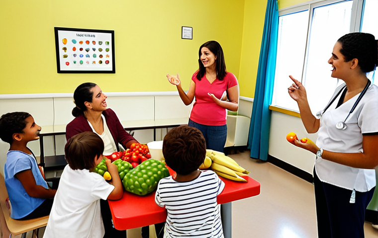 **
A brightly lit, welcoming Brazilian *Unidade Básica de Saúde* (UBS) waiting room. A diverse group of parents and young children are engaged in a lively discussion, possibly a support group. A friendly *nutricionista* (nutritionist) is gesturing towards a colorful display of fresh fruits and vegetables. The overall impression is one of community, health, and accessible healthcare. The style should be realistic and documentary-like.
**