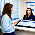 Modern Healthcare Accessibility**

"A bright, modern healthcare center reception area, clean and welcoming. A friendly receptionist assists a fully clothed patient with scheduling an appointment on a tablet.  Posters promoting preventative health screenings in Portuguese are visible in the background.  Safe for work, appropriate content, professional setting, fully clothed staff and patients, perfect anatomy, natural proportions, family-friendly. High quality, professional photography."

**