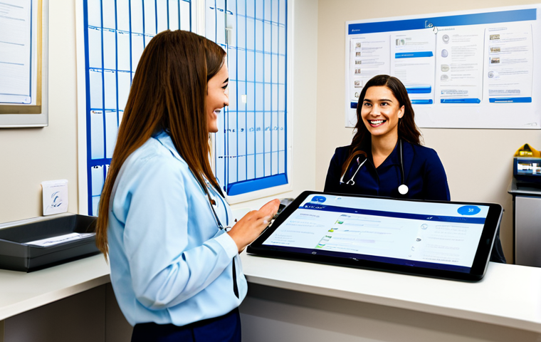 Modern Healthcare Accessibility**
"A bright, modern healthcare center reception area, clean and welcoming. A friendly receptionist assists a fully clothed patient with scheduling an appointment on a tablet. Posters promoting preventative health screenings in Portuguese are visible in the background. Safe for work, appropriate content, professional setting, fully clothed staff and patients, perfect anatomy, natural proportions, family-friendly. High quality, professional photography."
**