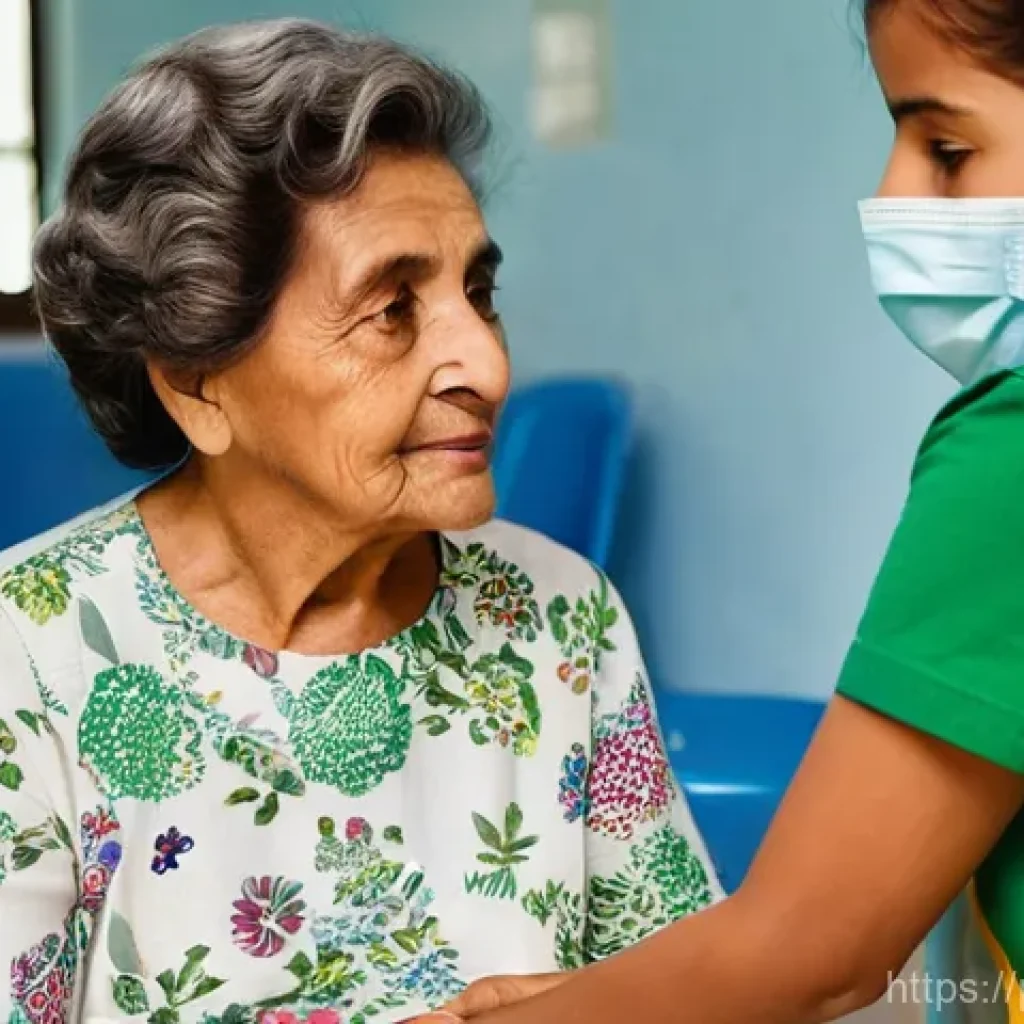 보건소에서의 노인 독감 예방접종 - **Prompt:** A heartwarming scene inside a bright, clean community health center in Brazil. An elderl...