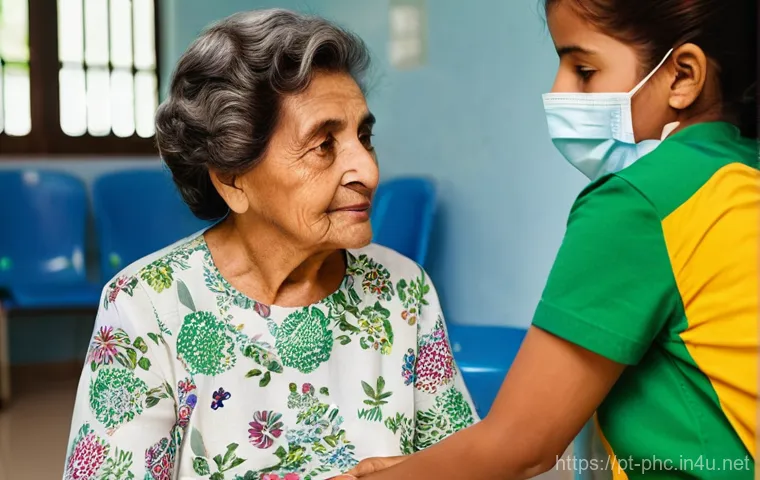 보건소에서의 노인 독감 예방접종 - **Prompt:** A heartwarming scene inside a bright, clean community health center in Brazil. An elderl...