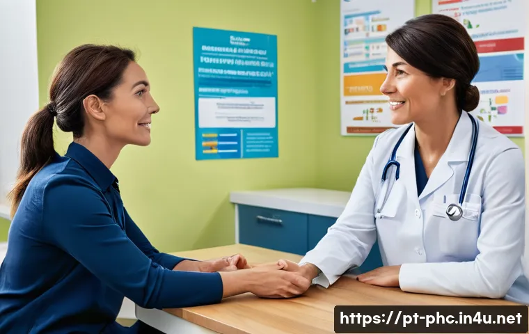 보건소에서 가능한 근육 검사 서비스 - **Prompt:** A compassionate female nurse, dressed in a clean, professional uniform, is seated at a c...