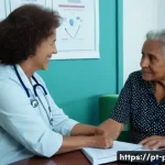 보건소에서 제공하는 노인 보건 서비스 - A warm and bright community health clinic scene in Brazil showing an elderly man and woman attending...