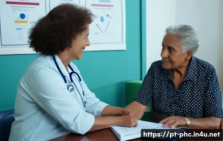 보건소에서 제공하는 노인 보건 서비스 - A warm and bright community health clinic scene in Brazil showing an elderly man and woman attending...