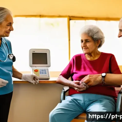 보건소 노인 건강검진 항목 - An elderly Brazilian couple at a community health clinic in a sunny, welcoming setting, the woman si...