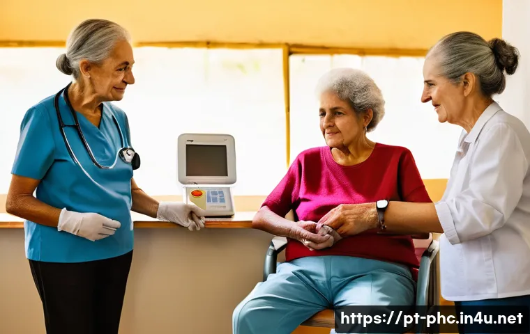 보건소 노인 건강검진 항목 - An elderly Brazilian couple at a community health clinic in a sunny, welcoming setting, the woman si...