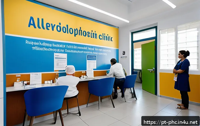 보건소에서의 알레르기 검사 후기 - A bright and welcoming Brazilian public health clinic reception area, showing a diverse group of peo...