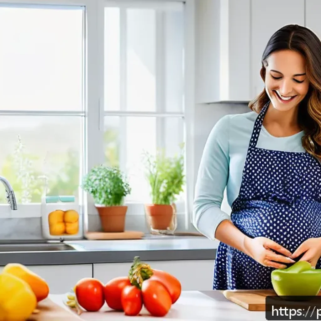 보건소에서의 임신부 영양 상담 - A serene and bright kitchen scene showing a pregnant woman in casual, comfortable clothing, preparin...
