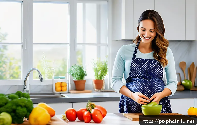 보건소에서의 임신부 영양 상담 - A serene and bright kitchen scene showing a pregnant woman in casual, comfortable clothing, preparin...