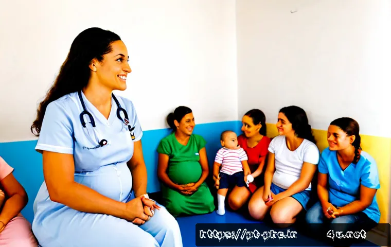 Home 17 보건소에서의 산모교실 후기 - Photorealistic maternal education class at a welcoming Brazilian community health clinic, diverse pr...