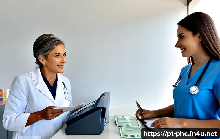 Home 17 보건소 진료비용 비교 - Photorealistic Portuguese public health clinic reception, a middle-aged patient comparing two unmark...